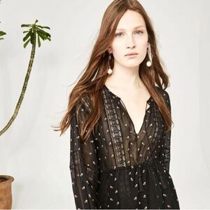 Ulla Johnson Elke Floral Embroidered Crepe Lace trim peasant blouse